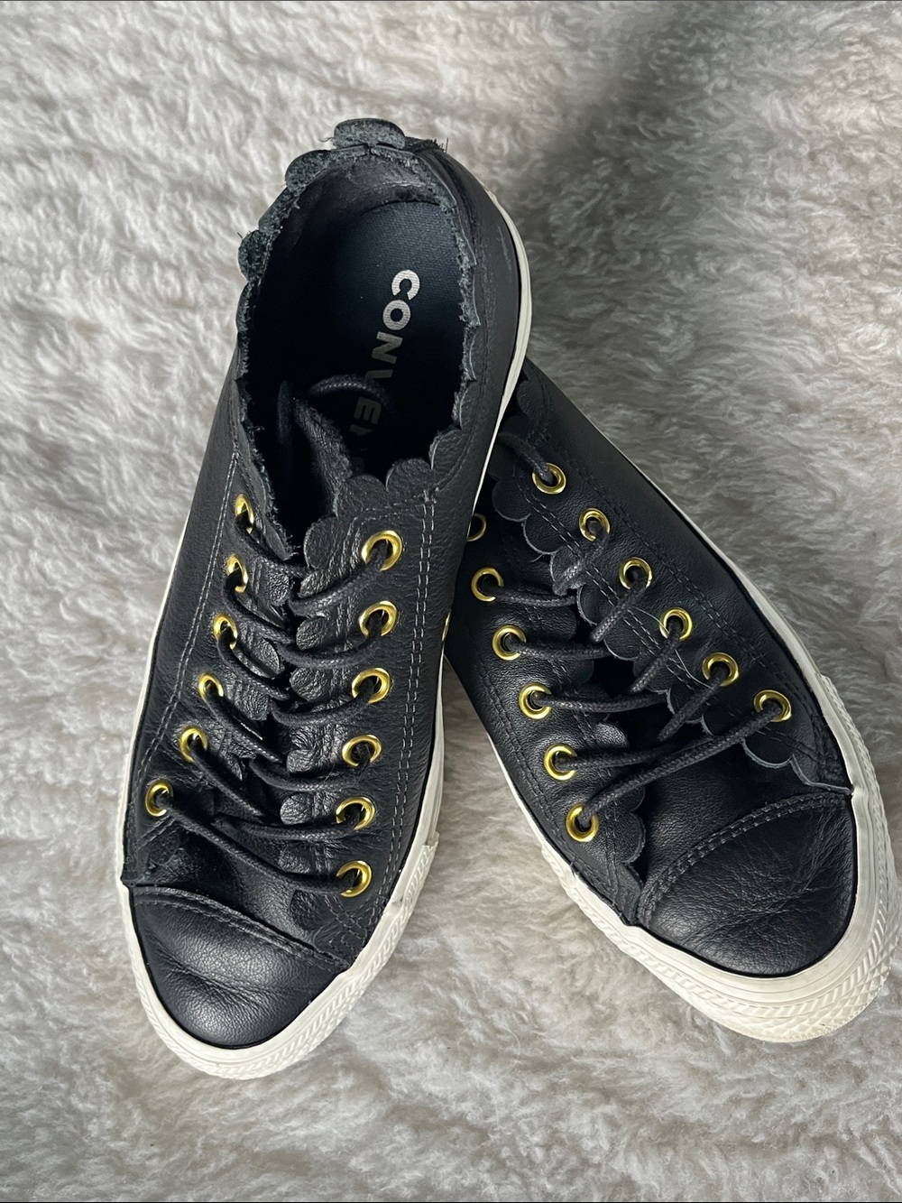 Converse low top frilly thrills Black Leather Sneakers Gold Eyelets size 7